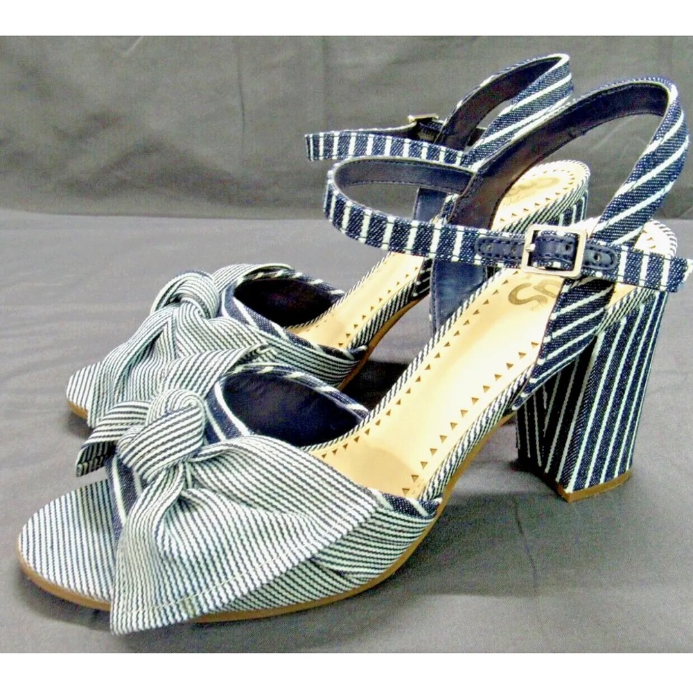 CIRCUS Sam Edelman EVA Blue Denim/White STRIPED FABRIC Knotted Bow HIGH HEELS